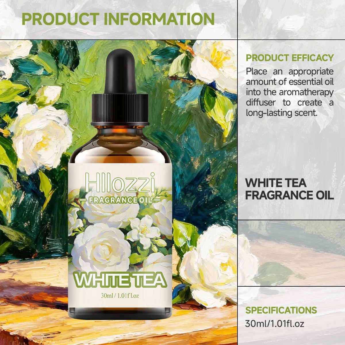 White tea jasmine essential oil is fresh and elegant, with a sweet aroma. Suitable for diffusers and air purifiers.