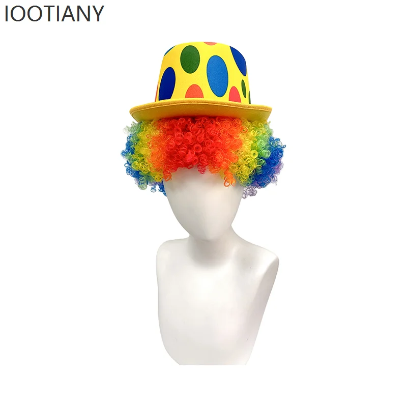 Bright Rainbow Clown Hair Wig Dot Decorated Top Hat Halloween Carnival Birthday Role Play Cosplay Outfit Accessories Headpiece 4