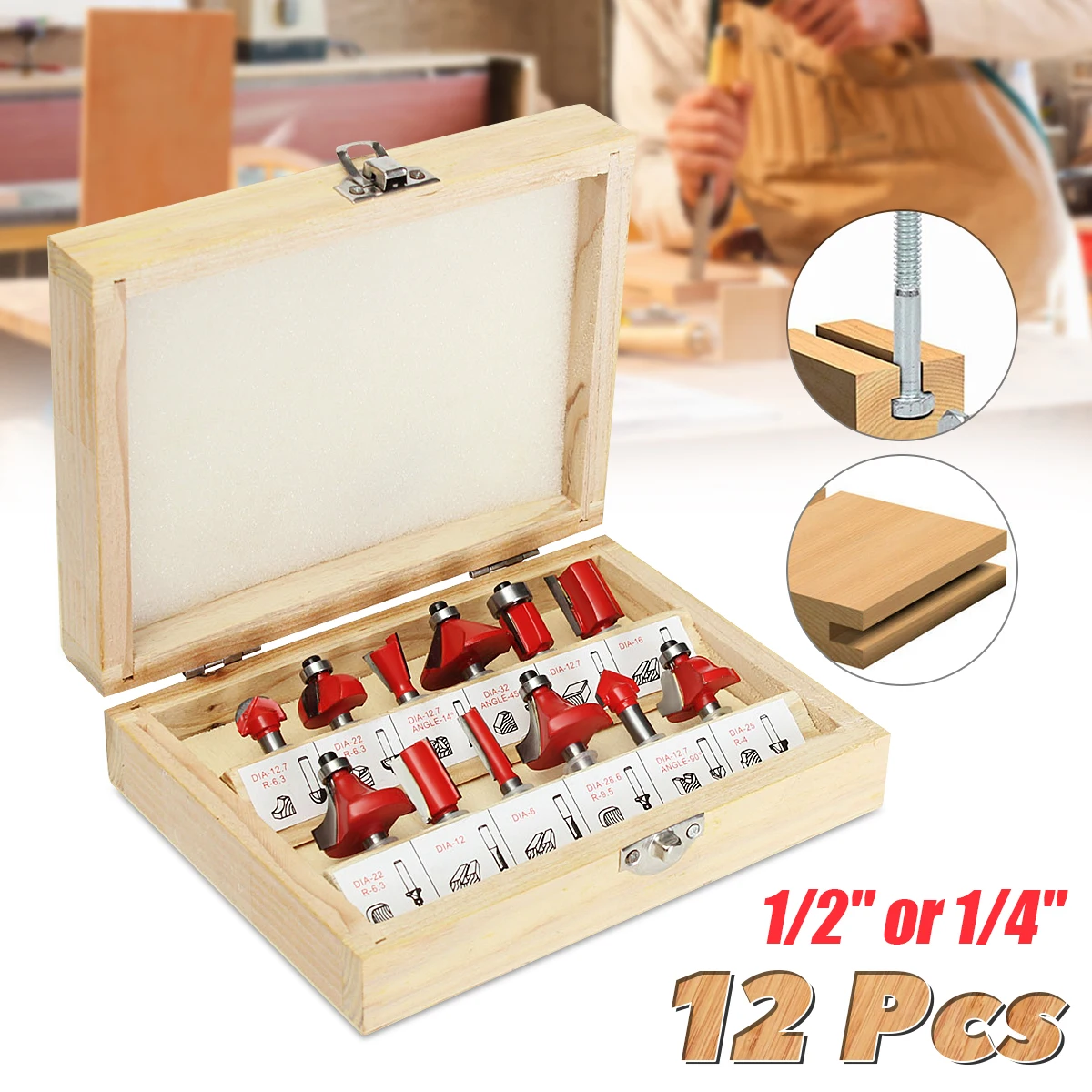 

12Pcs/Set 1/2'' 1/4'' Shank Router Bits Carbide Cutter Woodworking Milling Cutter Wood Bit Face Mill For Wood Carving Machine