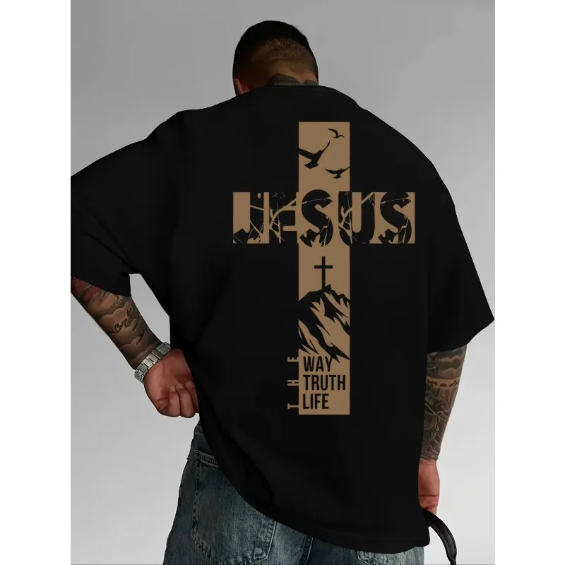 Summer Christian Style Jesus Cross Pattern Printed Short Sleeve 100% Cotton Men's and Women's T-shirt Faith Theme Loose T-shirt
