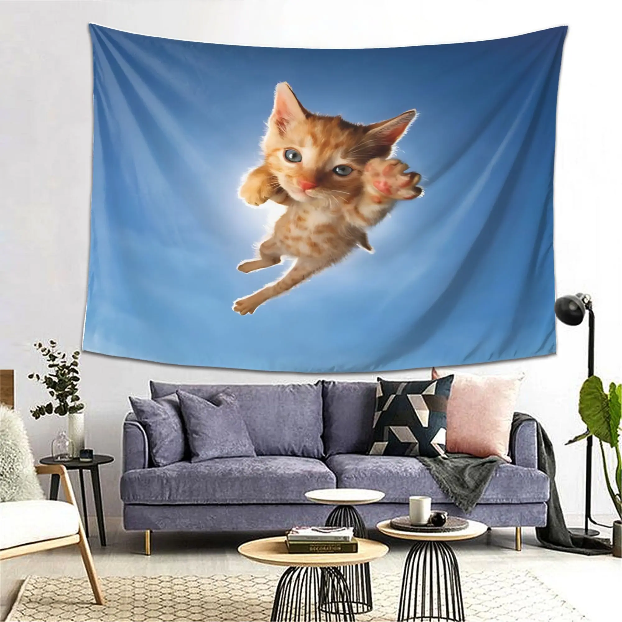 Cute Orange Tabby Kitten Sky Tapestry Flying Cat Wall Hanging Blue Sky Background Wall Art For Bedroom Dorm Aesthetic Home Decor