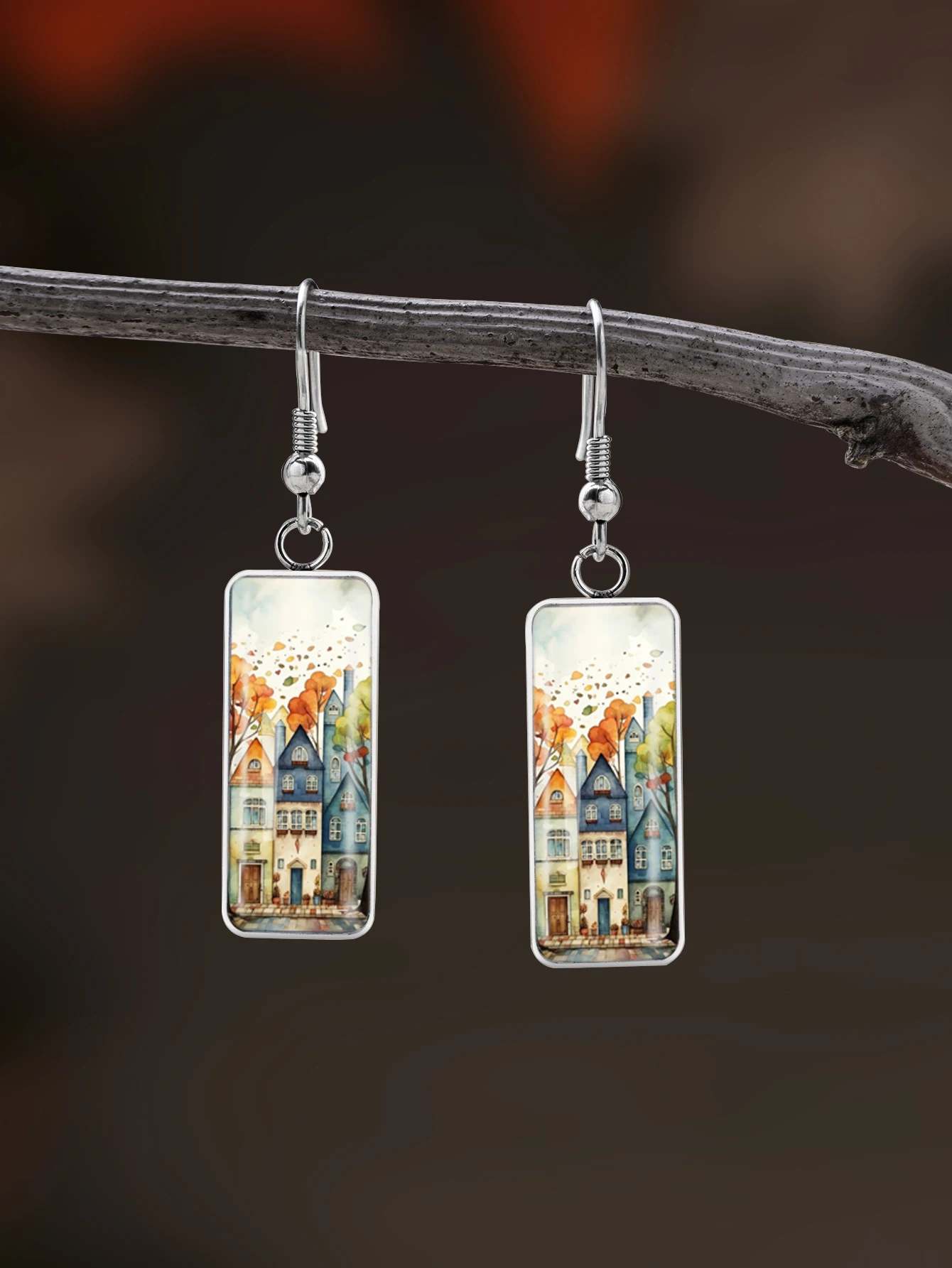 1 paire de boucles d'oreilles à motif de maison de dessin animé avec verre convexe et crochets longs en acier inoxydable 316, de style rétro et simple, adaptées aux femmes pour offrir ou porter au quotidien, boucles d'oreilles élégantes et simples, adaptées aux femmes à porter au quotidien ou en vacances
