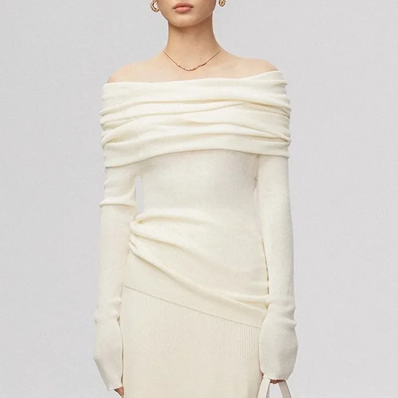 

Sueter Feminino New Long Sleeve Slash Neck Knitted Sweater Women Pullovers White Knit Sweater Pullover Women Tops Sweaters Q1721