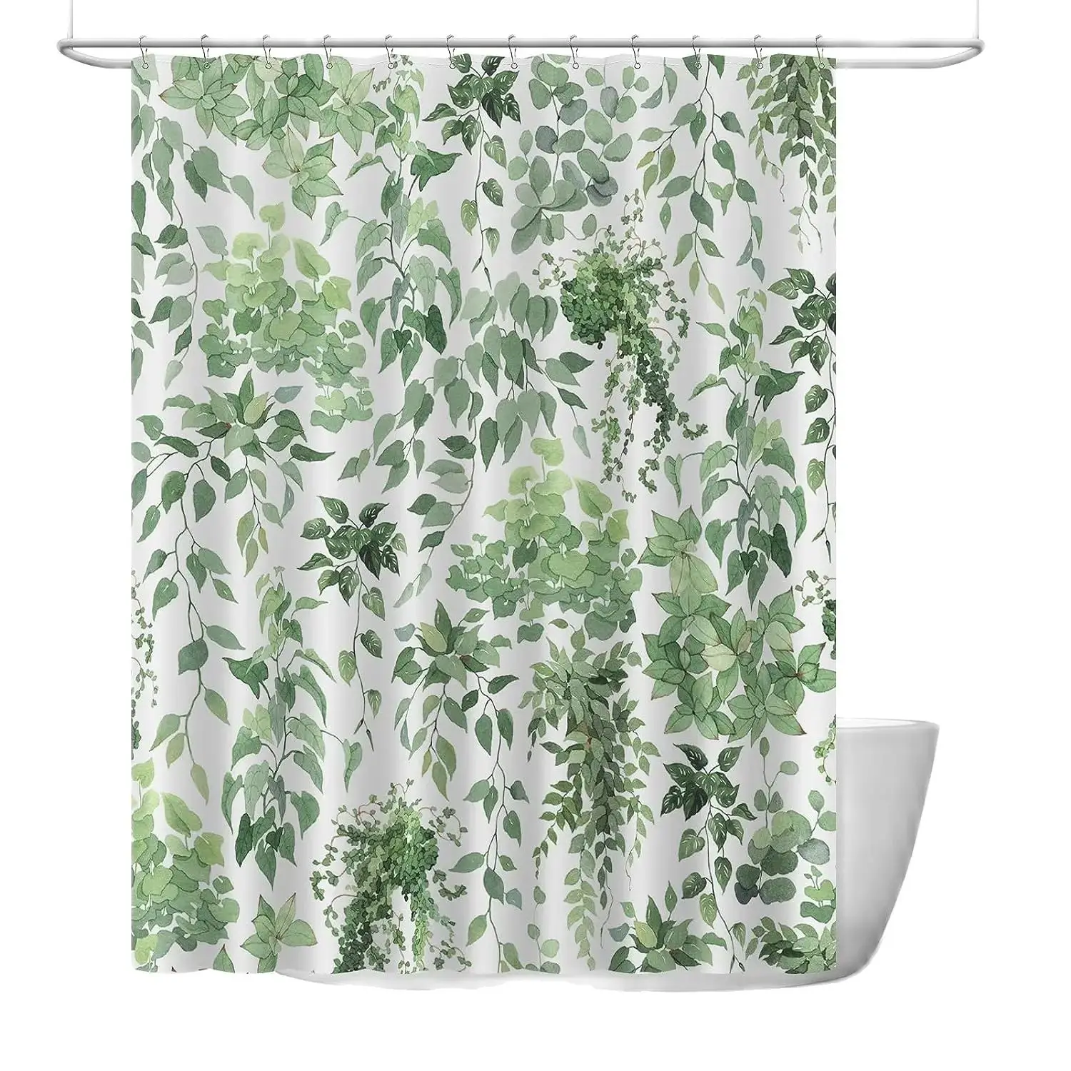 Tropical Green Leaves Plant On White Background Odorless Shower Curtains For Bathroom Showers And Bathtubs Decor With Hooks