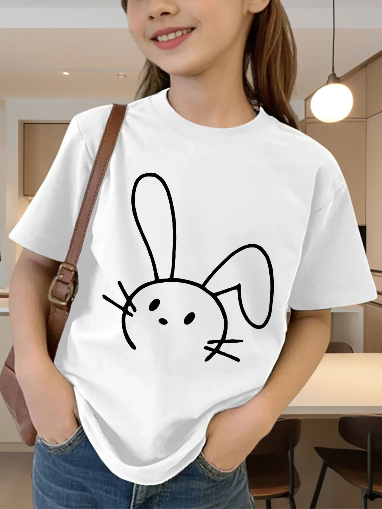 Cute Line Drawing Bunny Face Print Graphic Kids Tee Boys Girls Family Matching Cotton Crew Neck Short Sleeve Soft Summer Tee