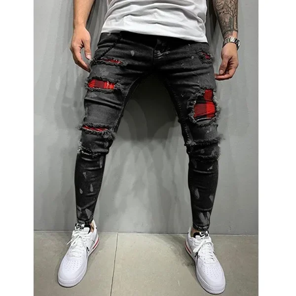 2025 Jeans Pencil Pants Holes Distressed Men Streetwear Denims Patchwork Mid Waist Slim Fit Washed Denim Ankle Length Trousers