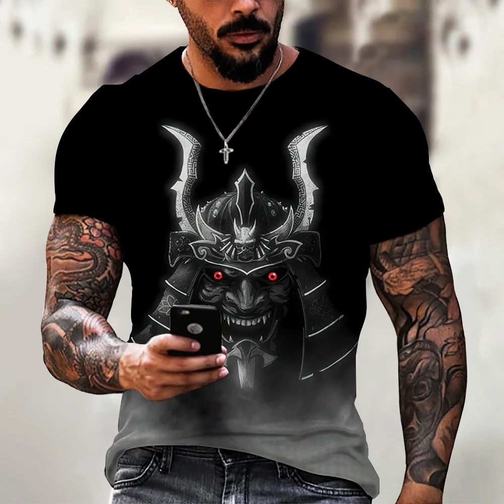 Men's T-shirt Hip Hop Japanese Samurai Manga Print Short Sleeve Tops Vintage Casual Oversized T Shirts Street One Piece Clothing