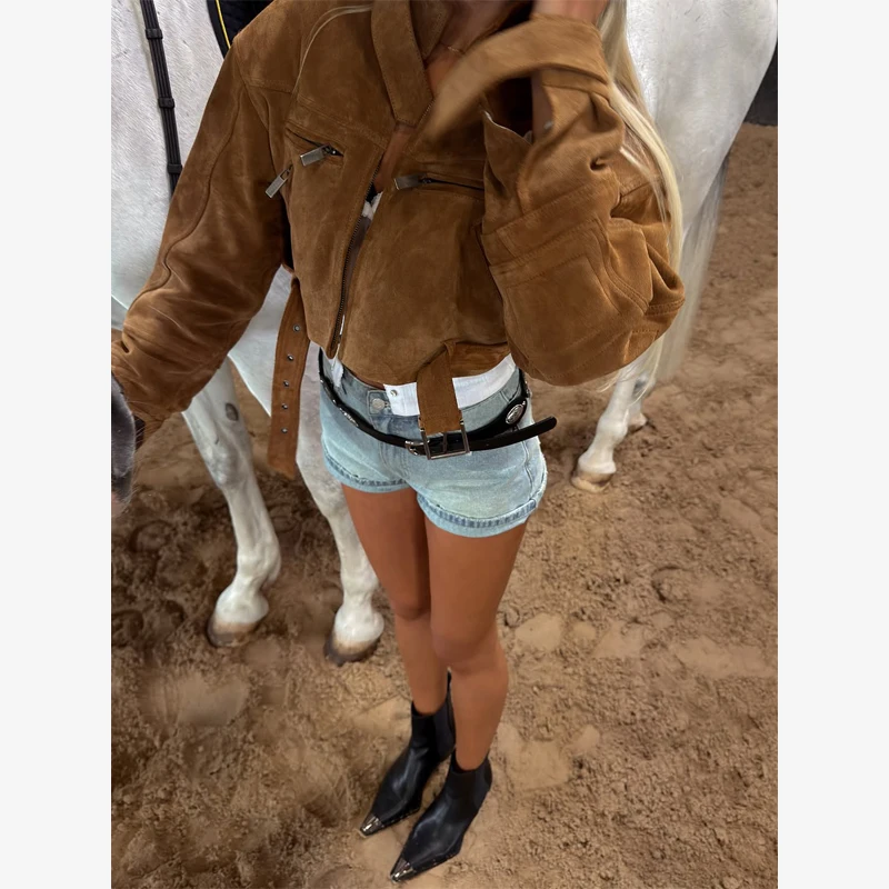 Damen Elastische Wildlederjacke mit Kordelzug in Braun, Modische Jacke mit Langen Ärmeln und Stehkragen, Locker Geschnittener Mantel für Frühling, Alltag und Streetwear 2026 – Detail 18