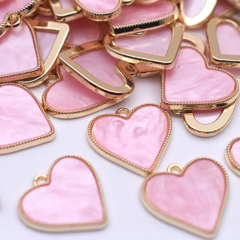 6pcs/lot 18mm Metal Alloy Heart Charms Pendants Pink Acrylic Heart Pendants For Jewelry Making Findings DIY Necklace Accessaries