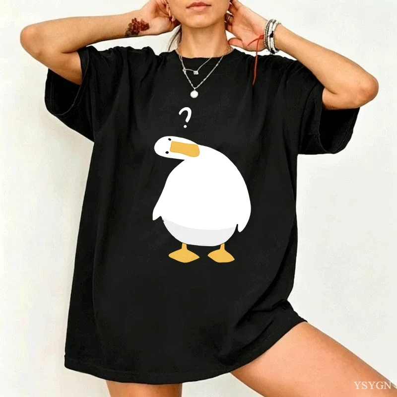 Cartoon Confused Goose Womens T Shirt Funny Question Mark Bird Animal Graphic Tee Short Sleeve Casual Daily Holiday Ladies Tops