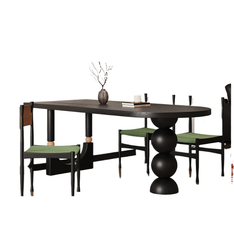 

French retro solid wood dining table small apartment black medium and ancient style living room dining table desk integrated