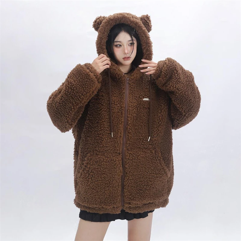 

Cute Bear Ears Hooded Coat Autumn And Winter Cotton Brown Lamb Wool Zipper Cotton-Padded Coat Warm Thickened Women's Clothing