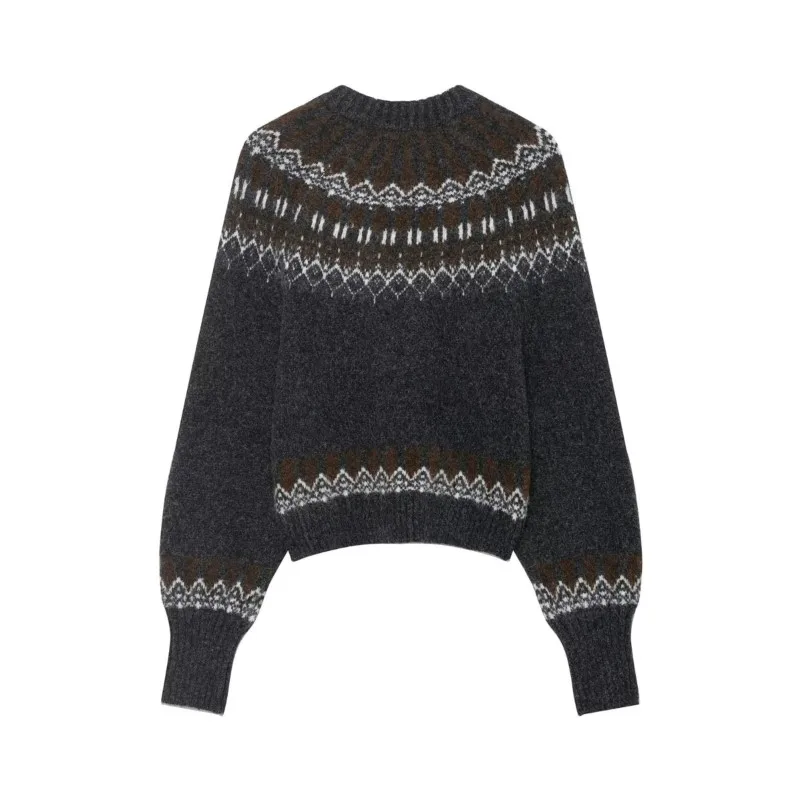 เสื้อสเวตเตอร์ถักลายแจ็คการ์ดสำหรับผู้หญิง สไตล์วินเทจ อุ่นสบาย คอกลม ลำลอง แฟชั่น แขนยาว เสื้อสตรีทแวร์