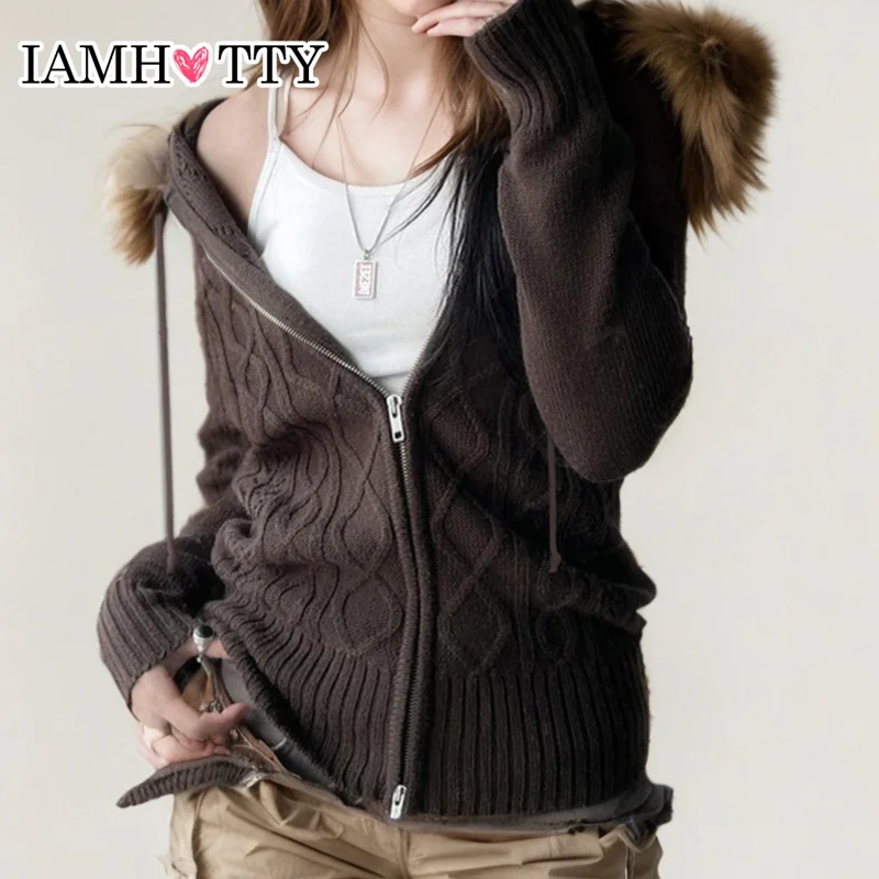 IAMHOTTY Faux Feather Hooded Sweater Cardigan Brown American Retro Zip-up Knitted Jacket Y2K Slim-fit Knitwear Coat Fall Winter