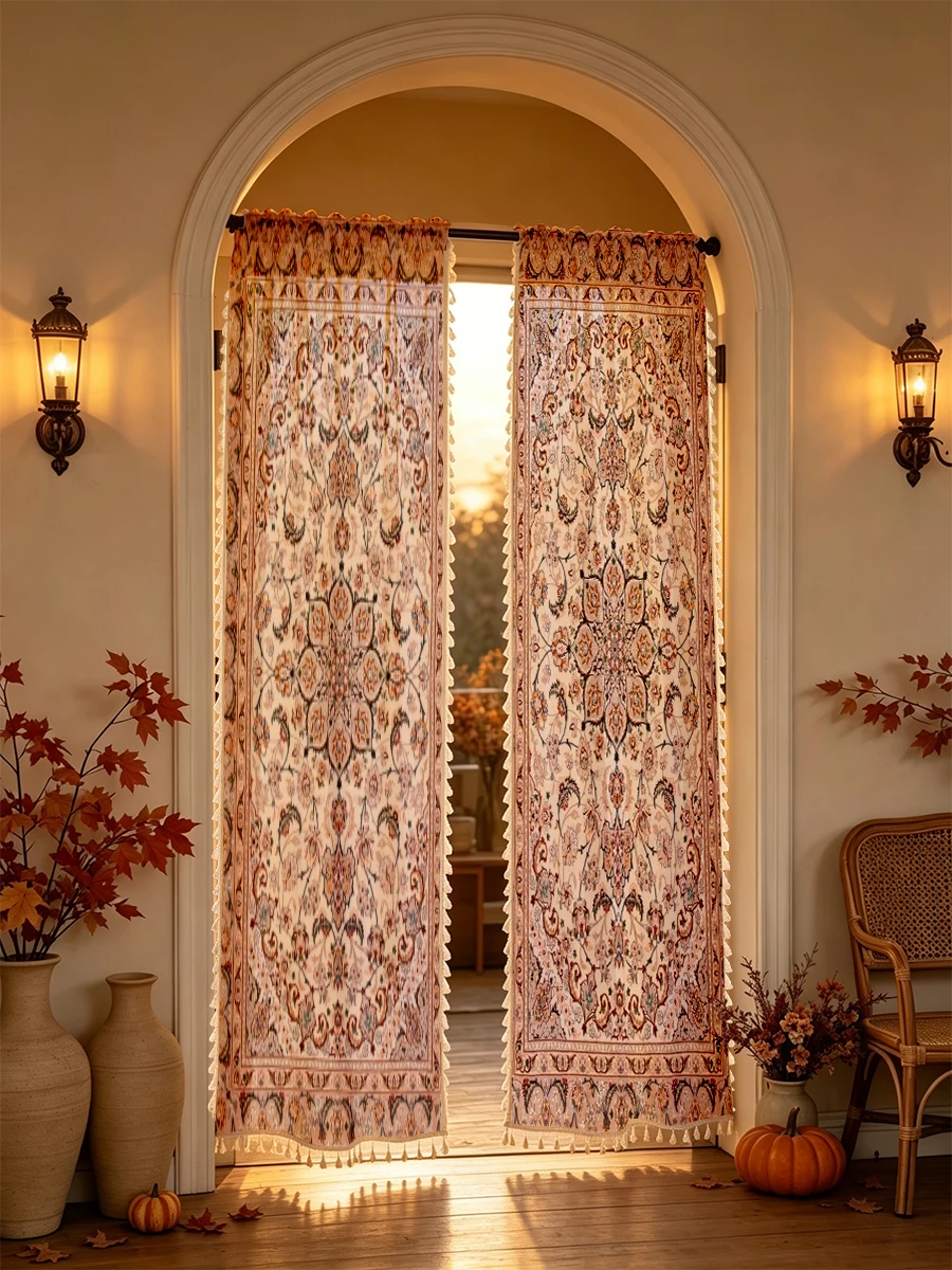 1PC Vintage Tassel Sheer Curtains, Pink Persian Medallion, Digital Print, Polyester, Bedroom Living Room Kitchen, Home Decor