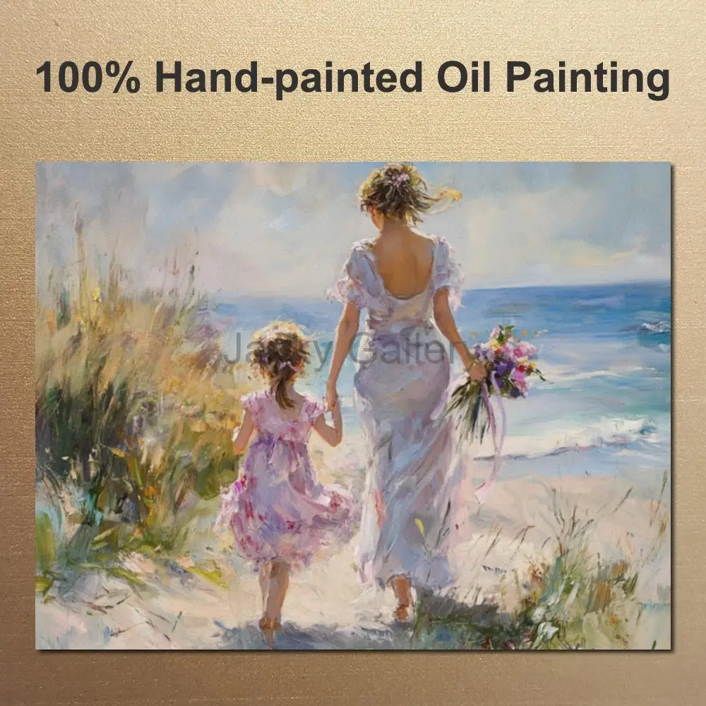 Modern Beach Painting Hand Painted Textured Oil Canvas Art Afternoon Walking Landscape Artwork for Sitting Room Hotel Room Decor