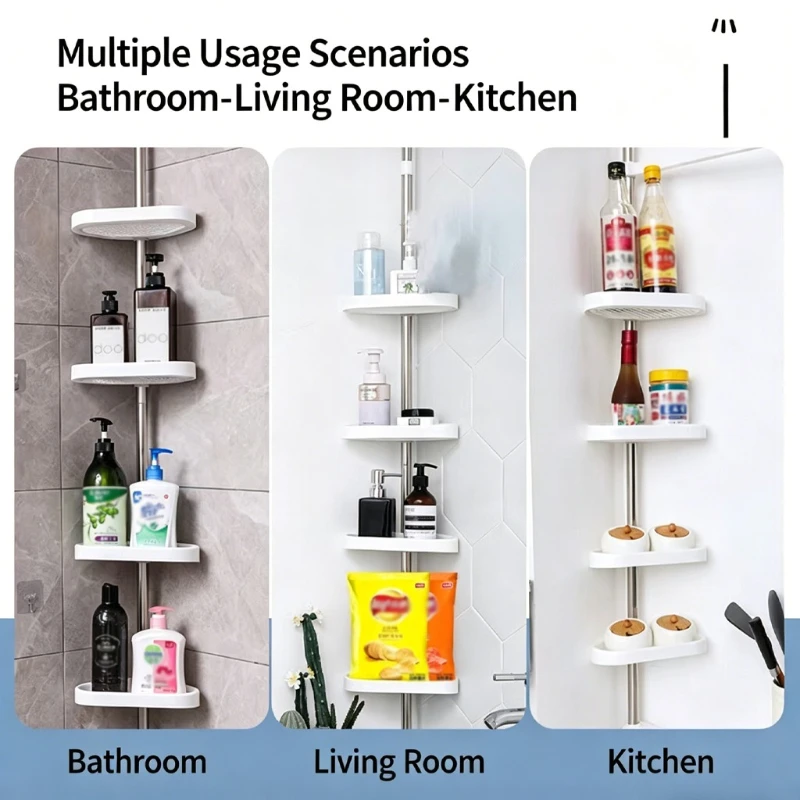 No Drill Tension Pole Bathroom Corner Shelf Adjustable Stainless Steel Shower Caddy with Drainage Tray for Toiletries Storage 2