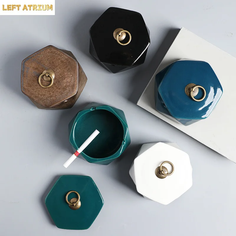 Creative Ceramic Ashtray Diamond Shaped Copper Buckle Storage Box with Lid Living Room Anti Fly Ash Home Decoration Accessories