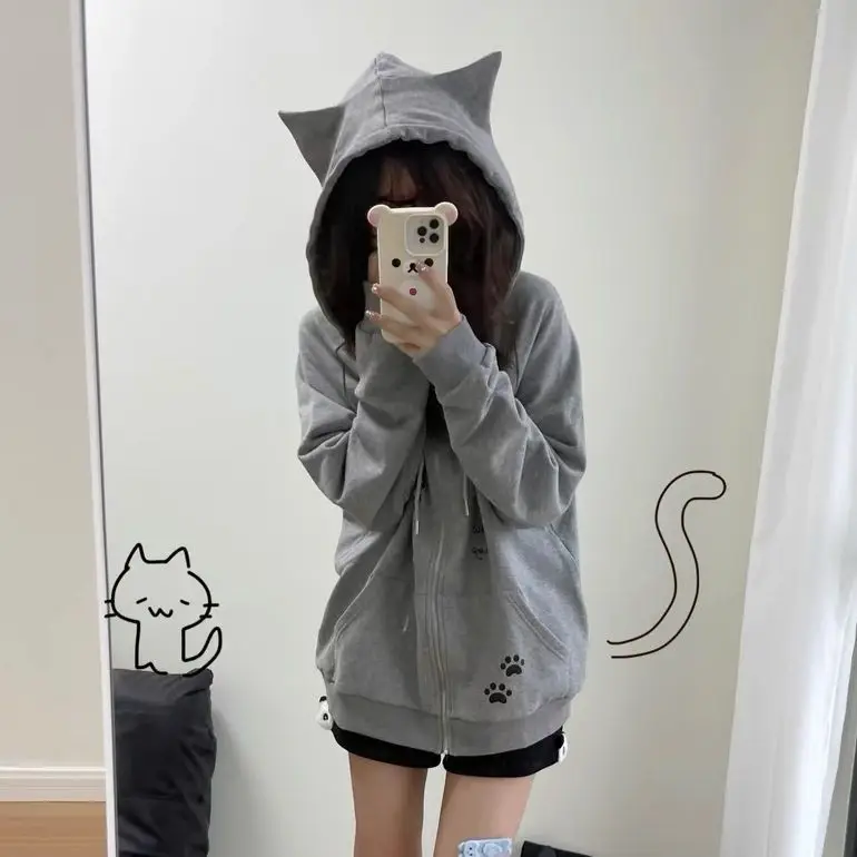 Women Cat Hoodie Zip Up Fleece Lined Sweatshirt Kawaii Long Sleeve Hooded Jacket Fall Winter Warm Harajuku Cute Coat