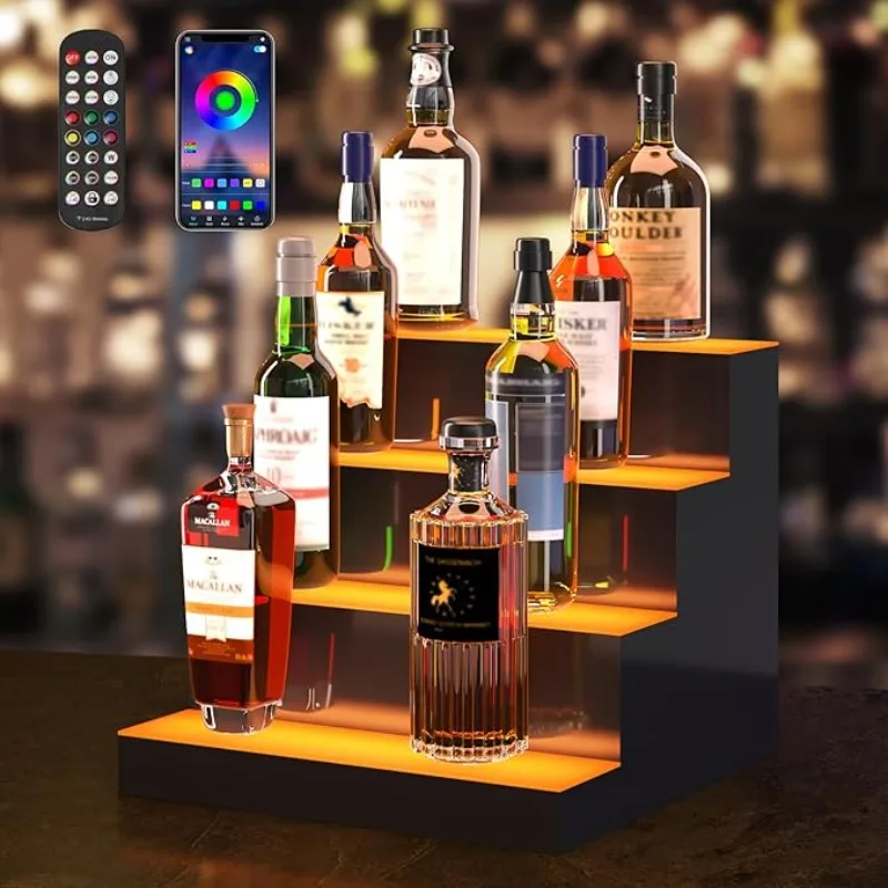 LED Lighted Liquor Bottle Display, 4 Tiers 16 Inches, Supports USB, Illuminated Home Bar Shelf with RF Remote