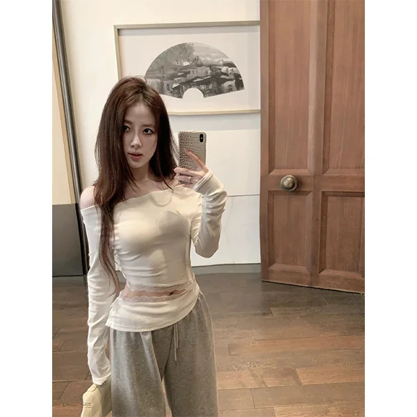 

Футболки с длинным рукавом, женские кружевные топы с вышивкой, облегающие удобные зимние винтажные уличные минималистичные повседневные городские стили