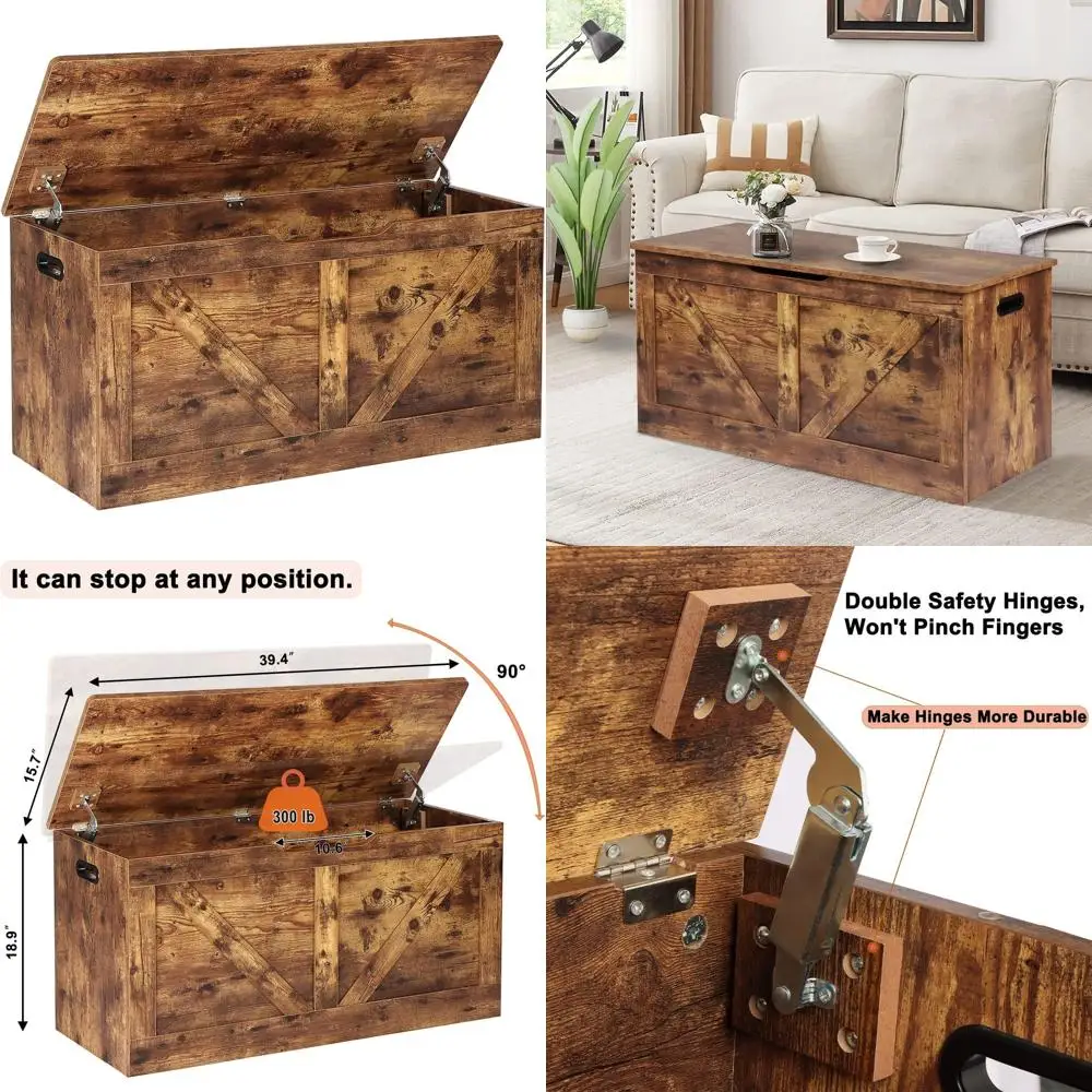 

Large Wooden Storage Chest with Safety Hinges, Rustic Brown, Ideal for Entryway, Living Room, or Bedroom