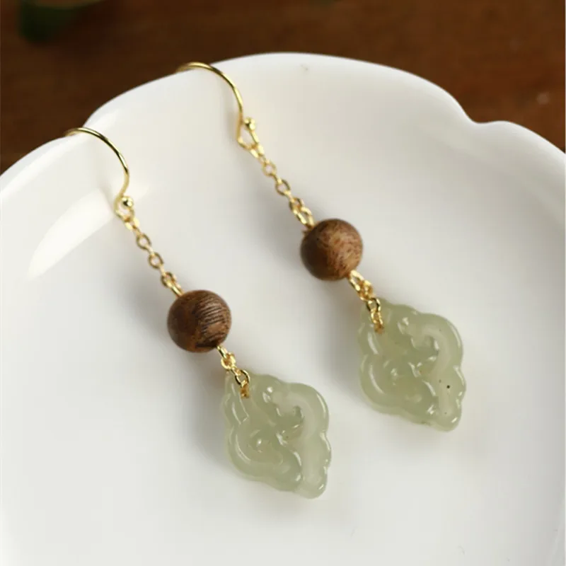 925 Silver Gilded Natural Hotan Jade Agarwood Chinese Style Lady Earrings Antique Jewelry Gift