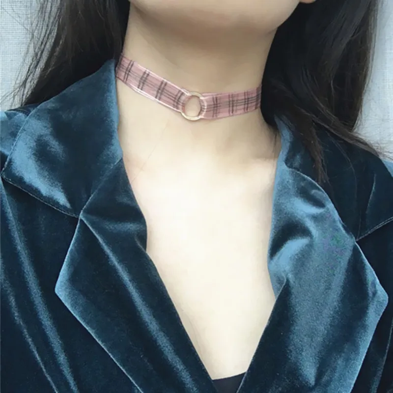 Hot Sale Women Jewelry Pink Lace Grid Stripe Circle Double Layer Choker Necklace Crystal Lace Gauze Circle Pendant Bijoux Gifts