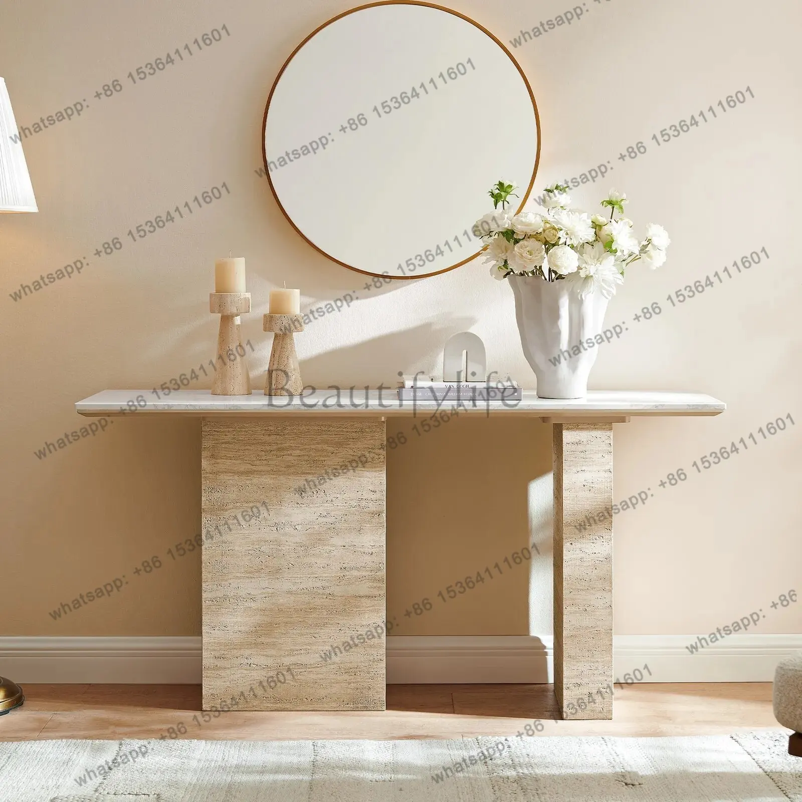 Wabi-sandy wind natural travertine entrance entrance table against the wall long table