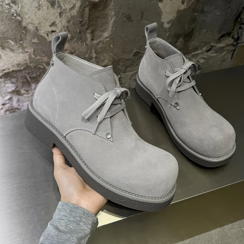 European American Style Men Frosted Big Head High Cut Thick Soled Work Boots Exquisite Anti Slip Height Increasing Commuting