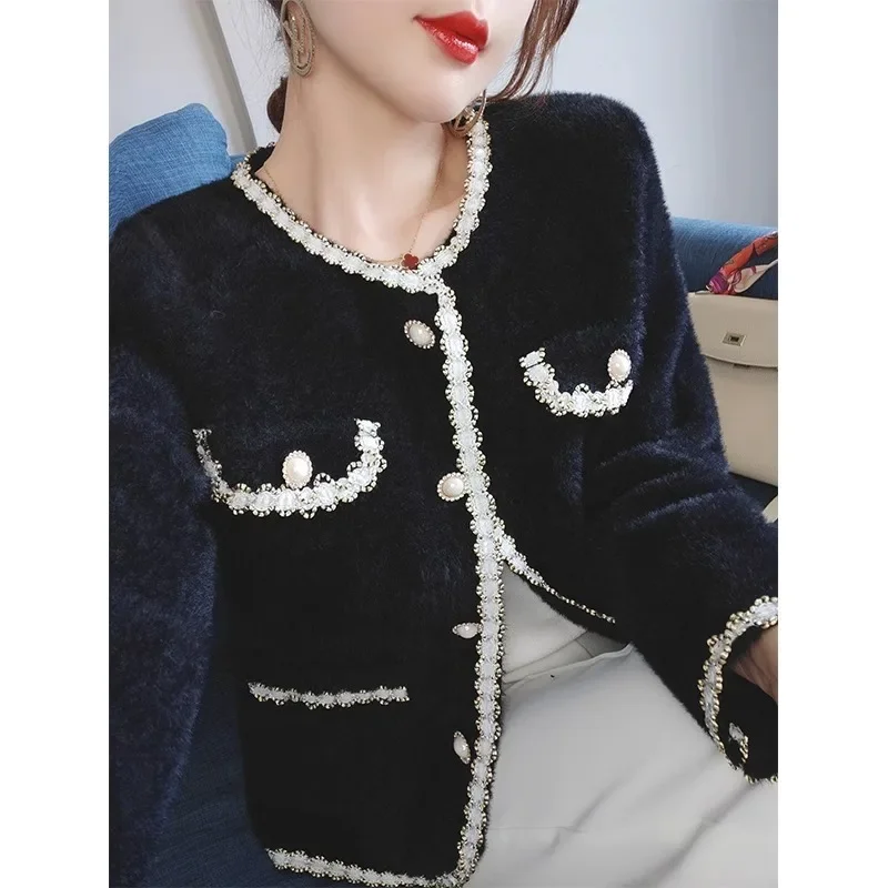 Versatile Tweed Style Jacket Women's Cropped Top 2024 Spring Autumn New Arrival Non-Fur Cardigan Chic Women's Fashion