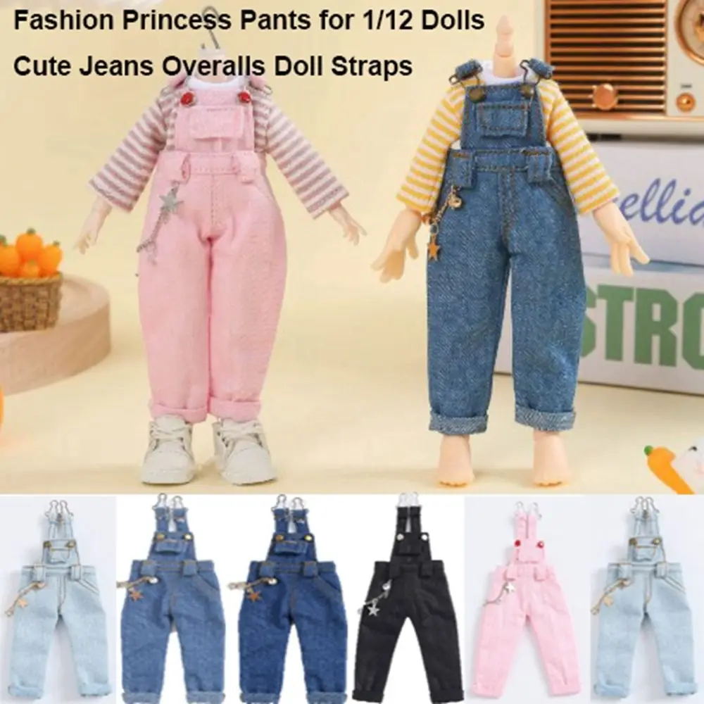 Fashion Doll Princess Pants Cute Kids Toys Jeans Overalls Clothes Casual Wears Doll Straps Denim Trousers for 1/12 Dolls