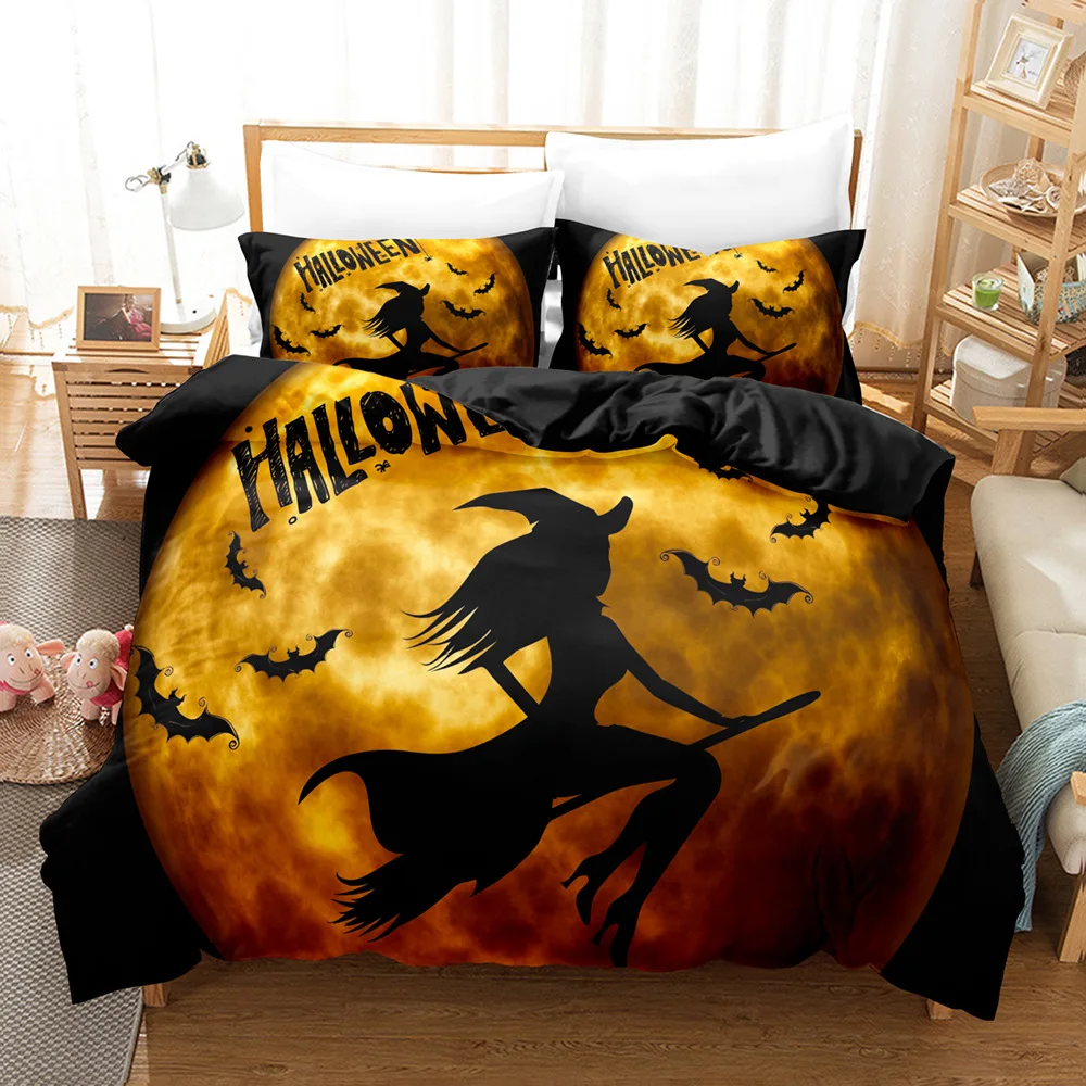 Halloween Duvet Cover Set Funny Cartoon Witches Hat Ghosts Bat Full Moon Cat Bedding Set King Size 2/3pcs Polyester Quilt Cover