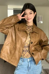 Chaqueta de cuero estilo americano Vintage para mujer, abrigo corto de motorista, holgado, con cuello vuelto, informal, Otoño, 2023