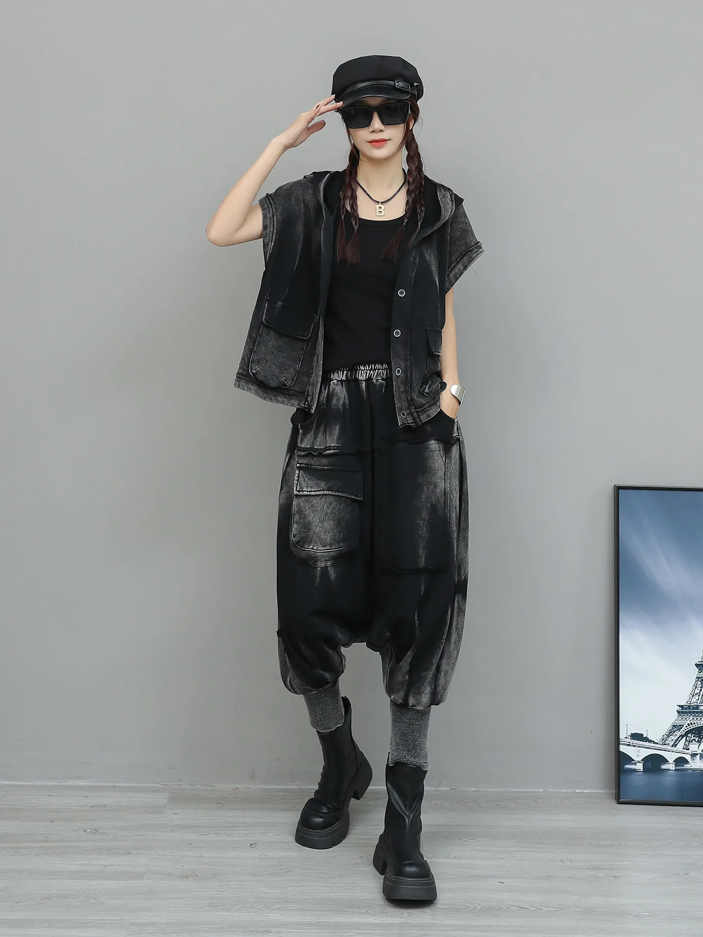 Personalized Trendy Distressed Hooded Sweatshirt Cardigan Vest Cross-pants Two-piece Set 2026 Women's Spring Loose Fashion Suit