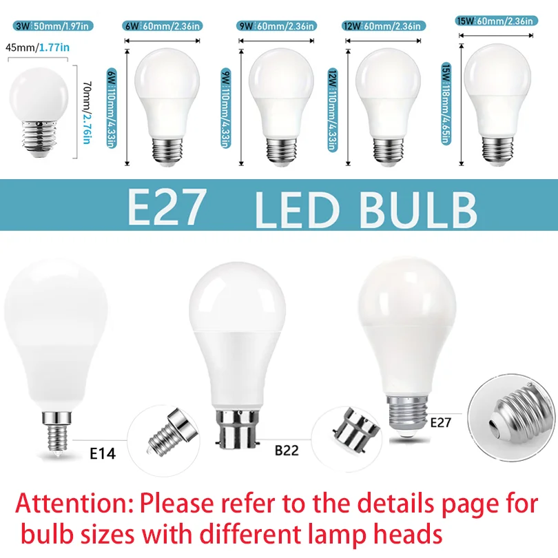 6PCS LED Bulb E27 B22 E14 220V 12W 15W 18W Indoor High Brightness and Low Energy Consumption Living Room Home LED Light Bulbs