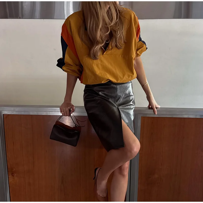 Elegant Contrast Jacket Women Loose Full Sleeve Stand Collar Button Jackets Female 2026 Fashion Autumn Outwear Lady