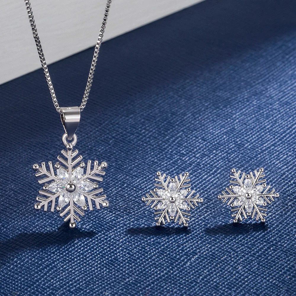 Qualified Snowflake Women S925 Sterling Silver Jewelry Set Zircon CZ Crystal Pendant Necklace Earrings Party Gift