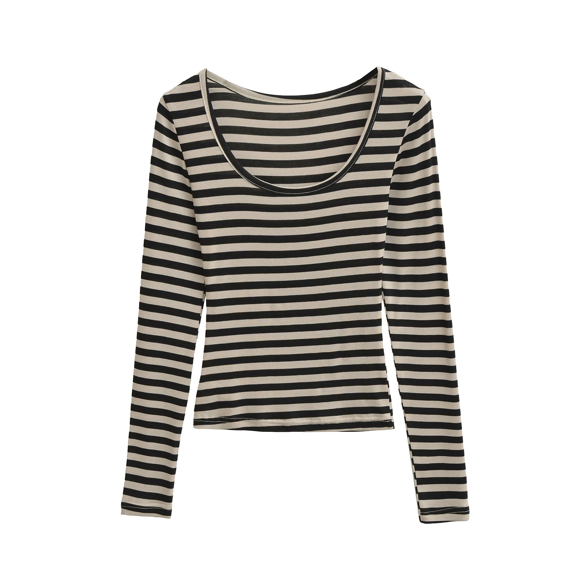 

Casaul Fashion Striped Color-Block Regular Shoulder T-Shirt For Women 2025 Autumn New Large U-Neck Long Sleeve Slim Fit Top 10D5