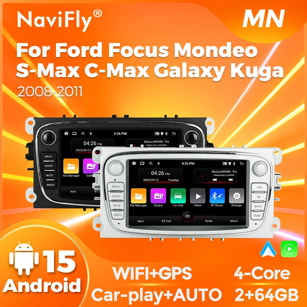 

Navifly 2+64G Carplay Android 15 Car Radio multimedia Video Player BT For Ford Focus Mondeo C-MAX S-MAX Galaxy II Kuga 2008-2011