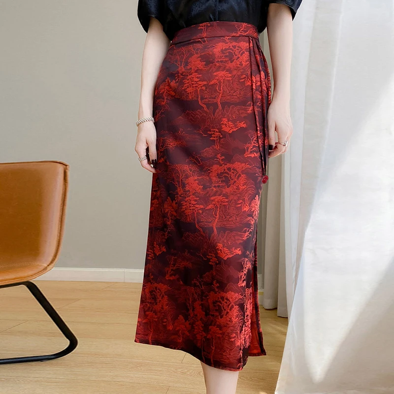 Chinese Style Summer Vintage Women Maxi Skirt Side Slit Satin Skirts Cheongsam Jacquard Weave Bodycon Long Skirt Streetwear