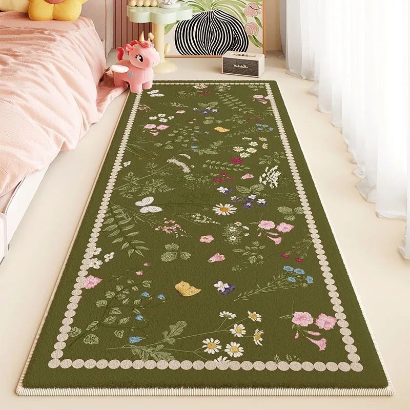 

Богемный зеленый цветочный ковер с разноцветными цветами и бахромой, мягкий ковер для спальни для уютного домашнего декора, нескользящий напольный коврик