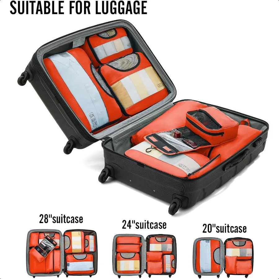 8 Set Packing Cube untuk Perlengkapan Perjalanan, Tas Organizer Koper dalam 4 Ukuran, Aksesoris Kabin Besar dengan Kantong Cuci Besar dan Kantong Perlengkapan Mandi Gantung