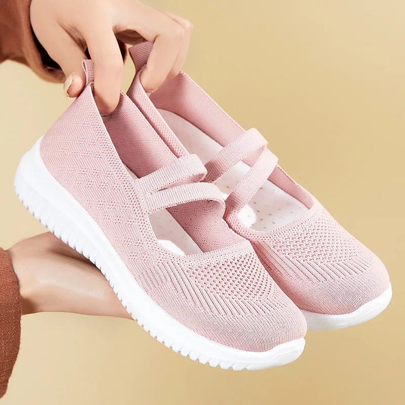 Black Mesh Knitting Mary Janes Shoes Ladies Spring Wedges Loafers Shoes Mom Comfortable Ballet Flats Pink Summer Sneakers