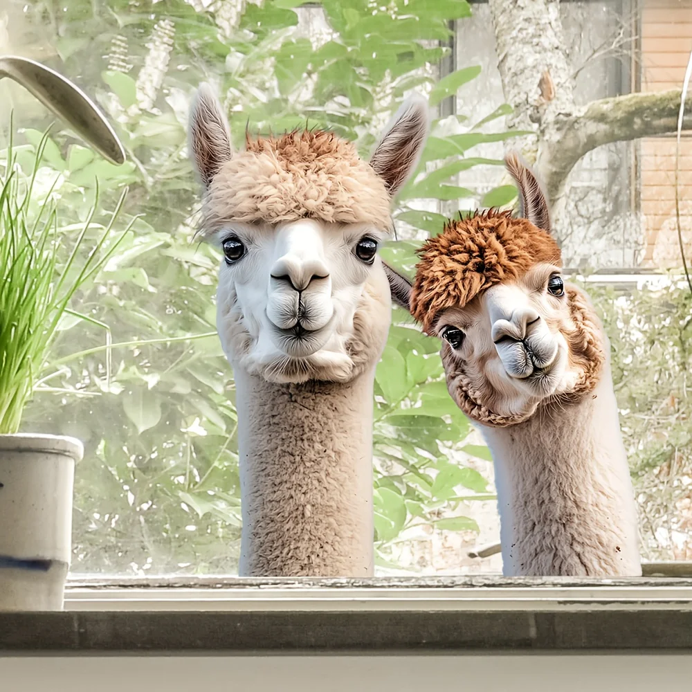 2D Flat 1Pc Fun Animal-Themed Wall and Window Stickers, Two Cute Alpaca Peeking Design Stickers, Self-Adhesive Pvc Wall Decoration for Home Decor, Suitable for Glass, Tiles, Bathrooms, Restaurants, Trendy Stores, Cafes, and Wall Art, Cute and Attractive Stickers That Are Practical and Easy to Create a Cozy Space
