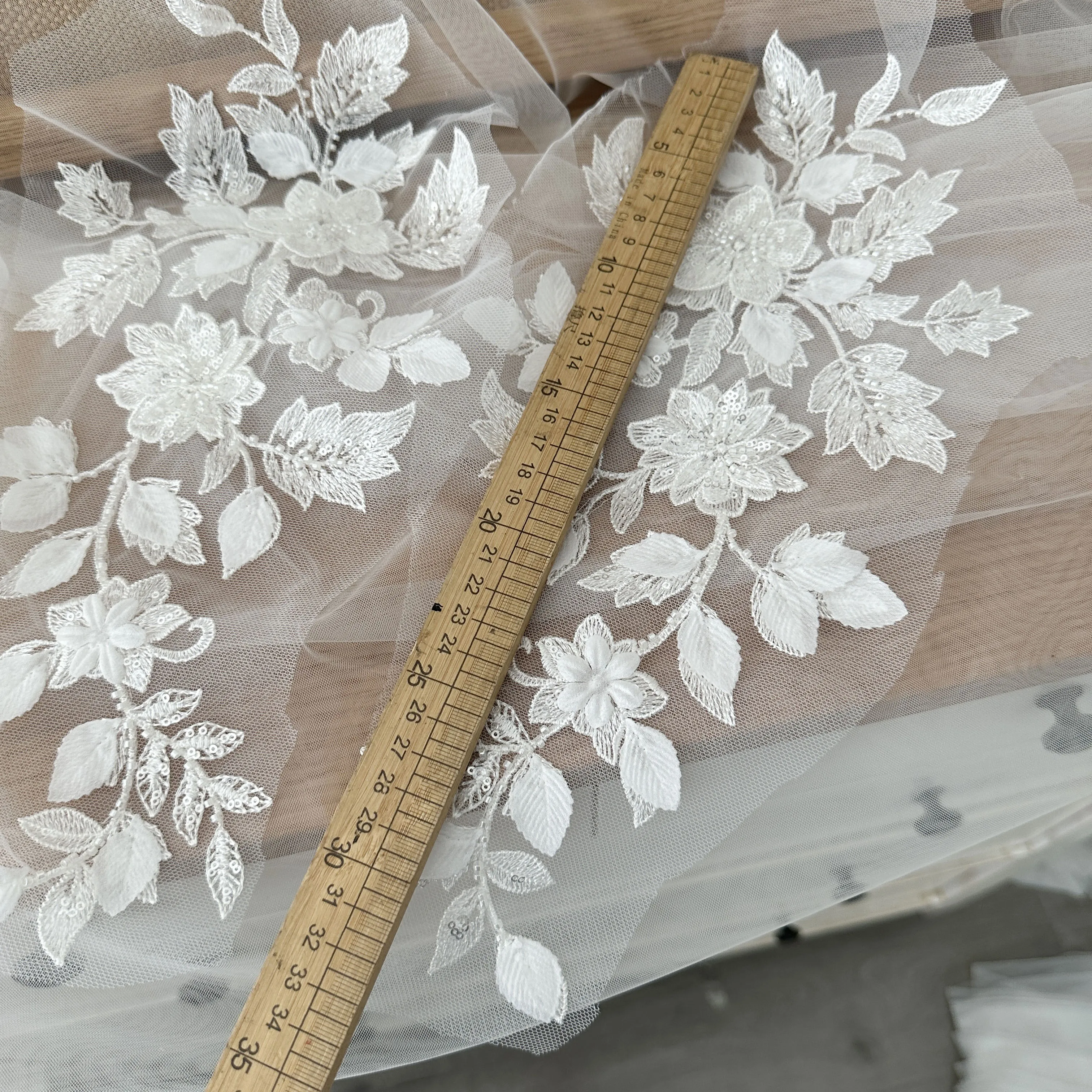2 Pieces 3D Flower Beaded Leaf Applique Bride Accessories, Sewing DIY Material Clear Sequin Floral Embroidery Lace Applique