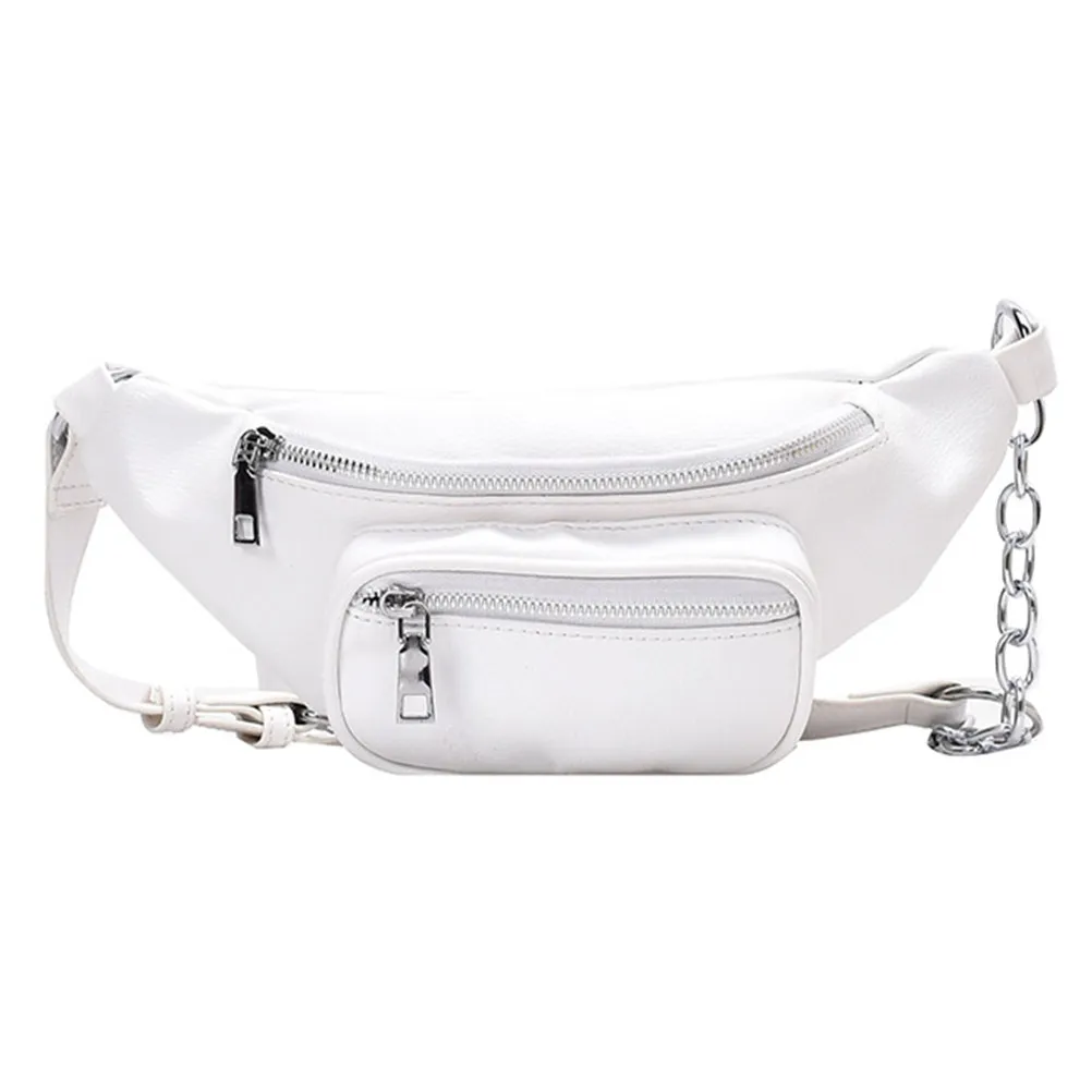 1Pcs PU Waist Bag for Women Chic Chain Crossbody Bag Fashionable Large Capacity Smooth Zipper Pockets Credit Card Passport