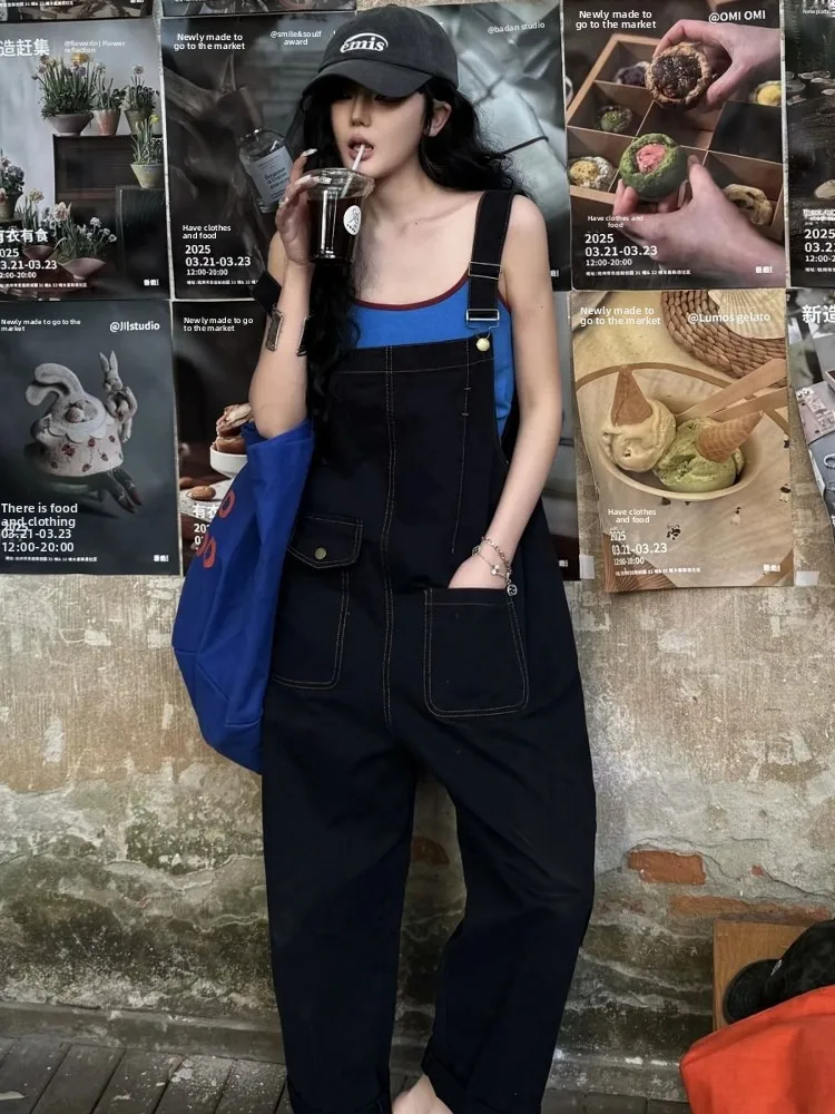 ชุดเอี๊ยมยีนส์อเนกประสงค์สไตล์ฮ่องกง พร้อมเสื้อกล้ามด้านใน ดีไซน์หลวมสไตล์ชุดทำงาน กางเกงขายาวเอวสูง ชุดสูทผู้หญิง