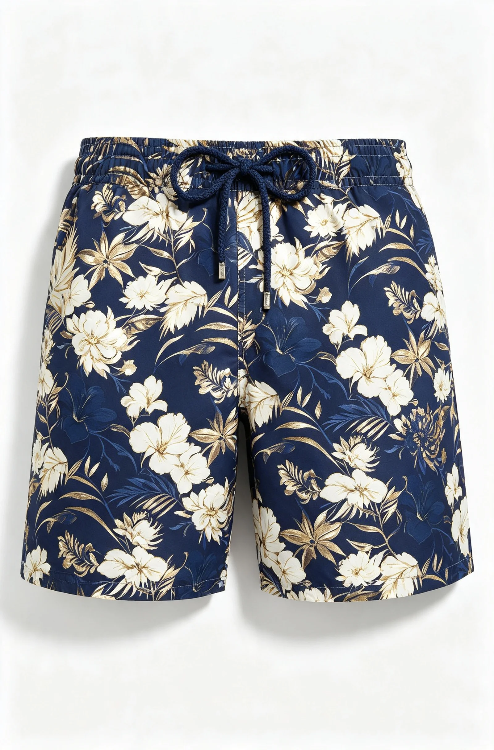 Men's Golden White Floral Leaf Print Swim Shorts Elastic Drawstring Quick Dry Beach Surf Casual Board Shorts With Side Pockets