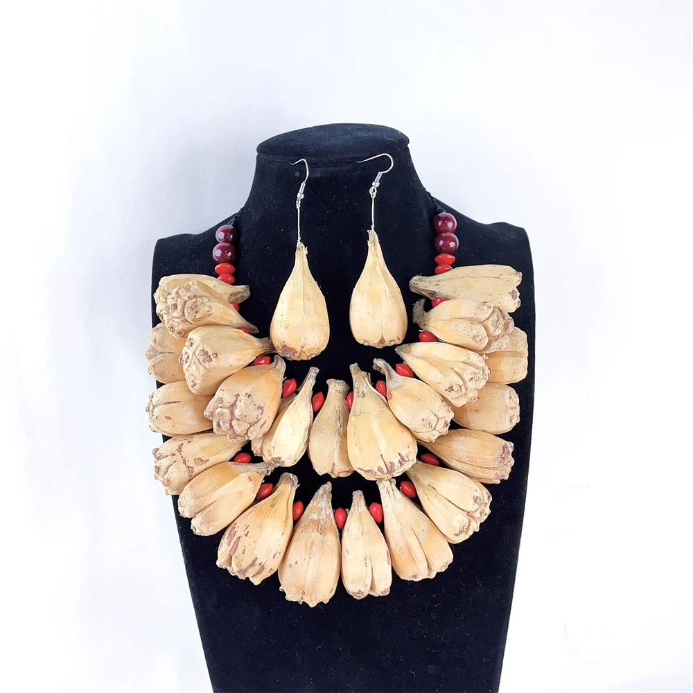 Samoa Ula Fala Earrings and Necklace Set for Ladies Natural Pandanus Fruit Red Seeds Formal Occasion Ceremonial Necklace